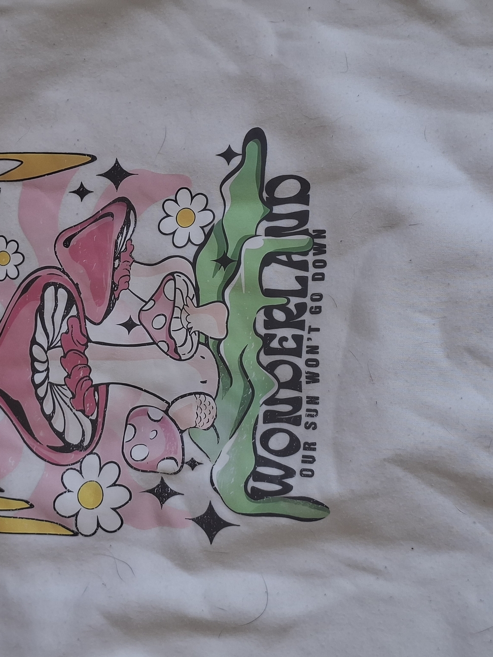 SHEIN White Tee with Pink Mushroom & Green Wave Graphic
